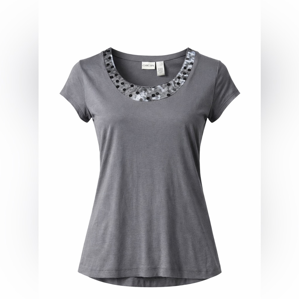 Chico's Gray Scoop Neck Tee with Sequin Trim